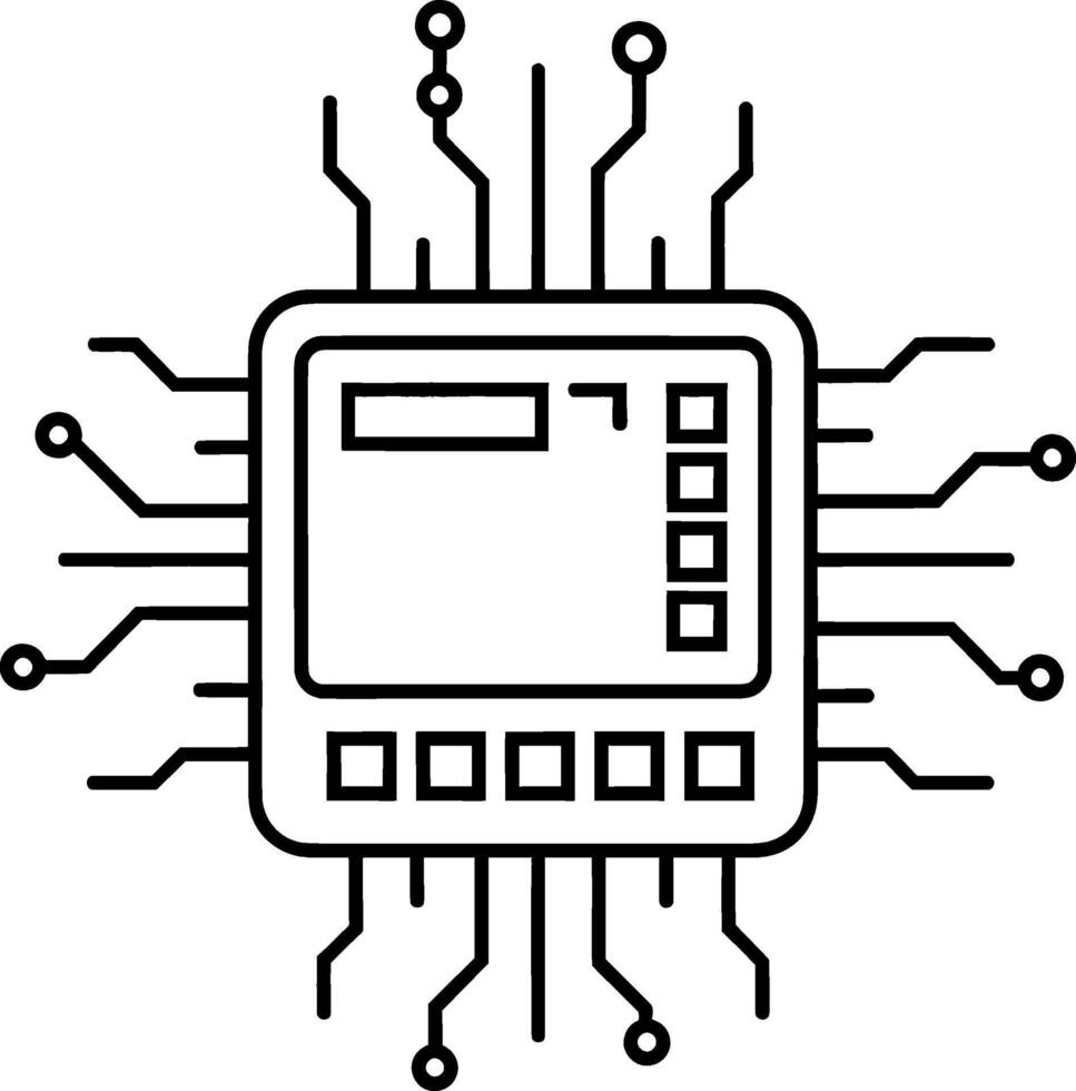 Minimalist black line art illustration of a microchip, central processing unit, integrated circuit, symbolizing digital technology and electronic progress vector