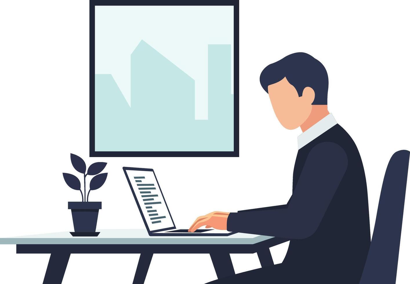 Man in a suit sits at a desk, working on a laptop with a plant and framed picture in the background. vector