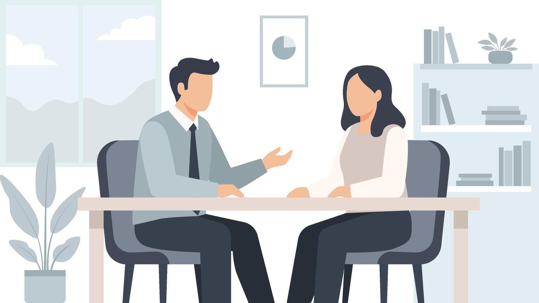 Two people sit at a desk, a man gesturing while talking to a woman in an office setting, with a plant and bookcase in the background. vector