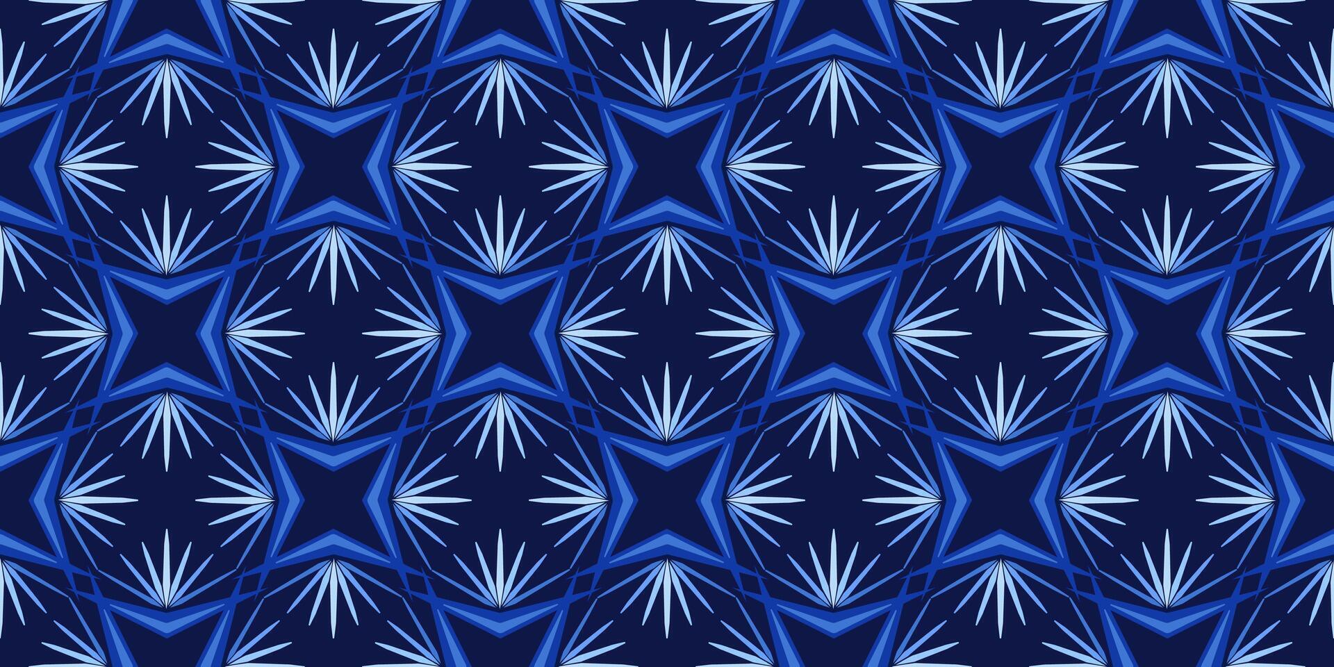 Shades of blue geometric seamless pattern. Winter decorative background of square multirayed stars. Unusual creative abstract repeating ornament. Diagonal square mosaic tile vector