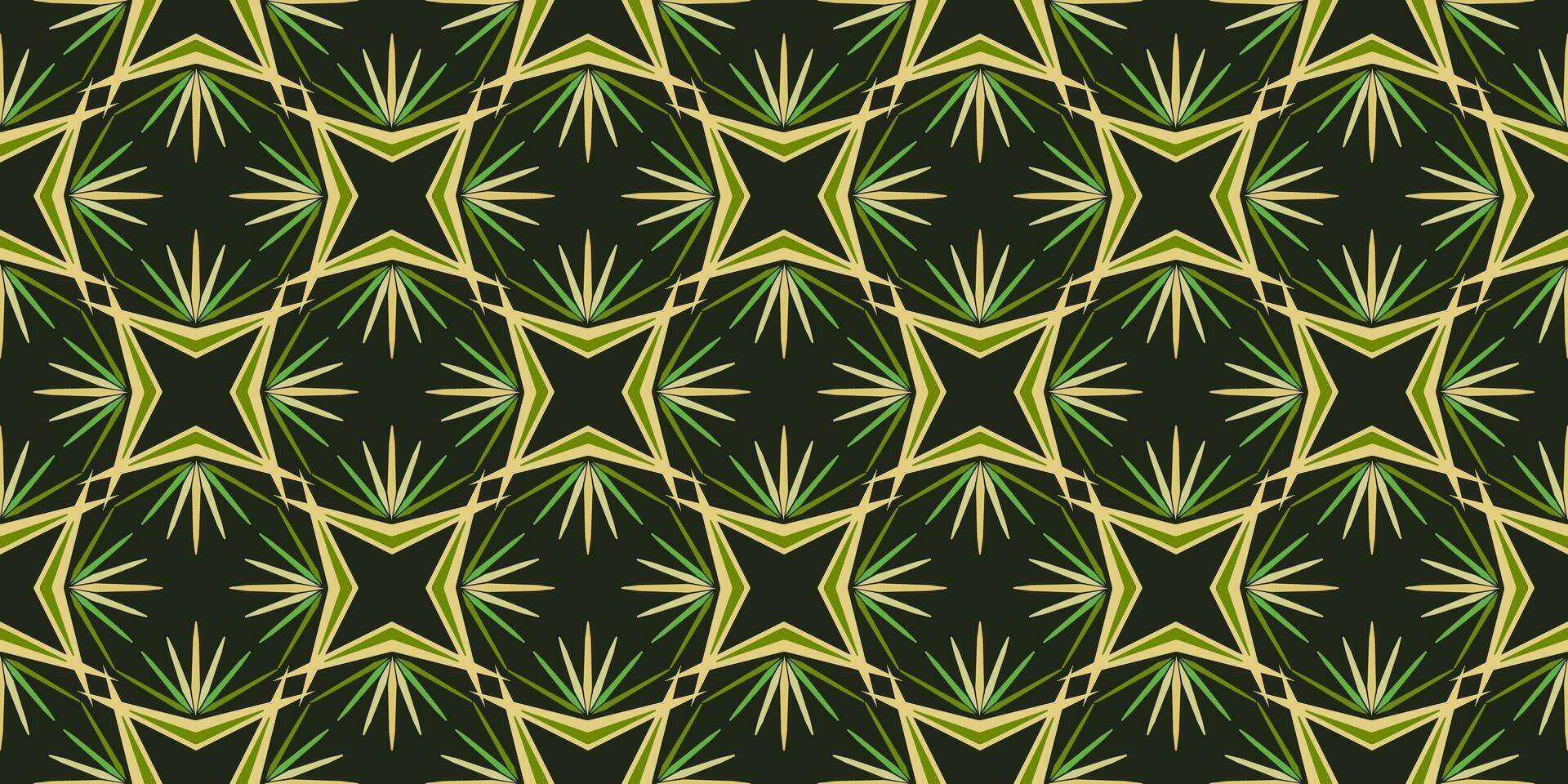 Green yellow geometric seamless pattern. Ethnic decorative graphic design of square multirayed stars. Unusual abstract ornament on dark green background. Diagonal optical illusion background vector