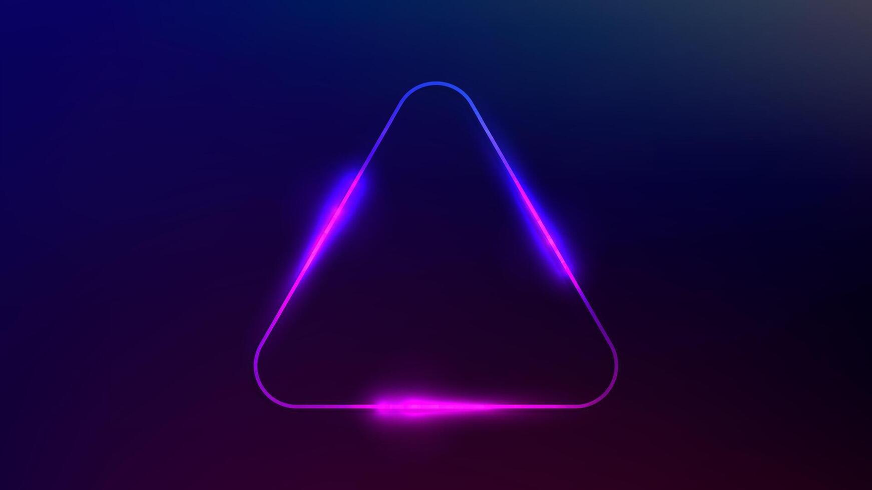 Neon rounded triangle frame with shining effects on dark purple background. Empty glowing techno backdrop illustration vector