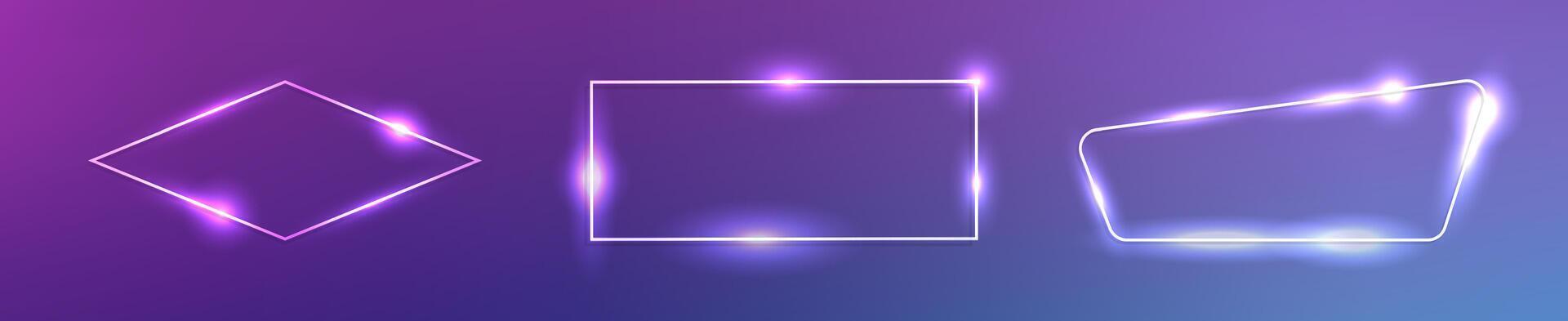 Set of three neon frames with shining effects on dark purple background. Empty glowing techno backdrop illustration vector