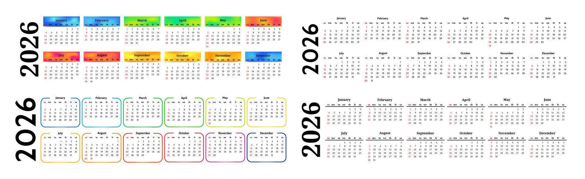 Set of four horizontal calendars for 2026 isolated on a white background. Sunday to Monday, business template illustration vector