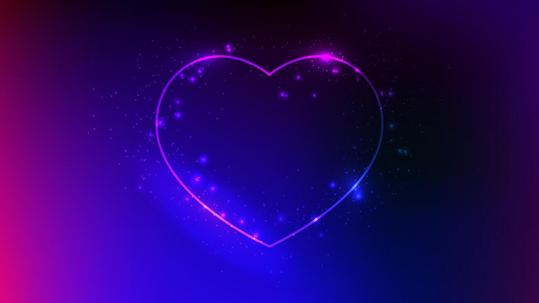 Neon frame in heart form with shining effects and sparkles on dark blue background. Empty glowing techno backdrop. illustration vector