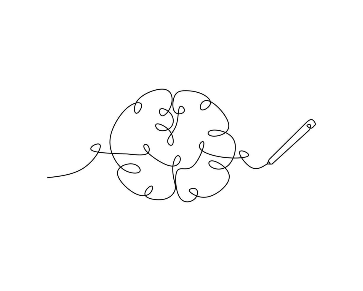 One continuous line of brain drawing pen. Creating new idea and mindset improvement. illustration of minimalist style white background vector