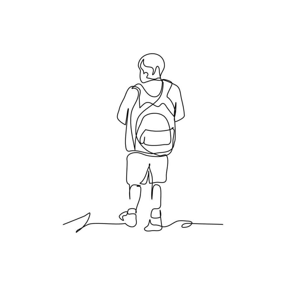 One continuous line of a student walking with backpack to school. Minimalist style illustration in white background. vector