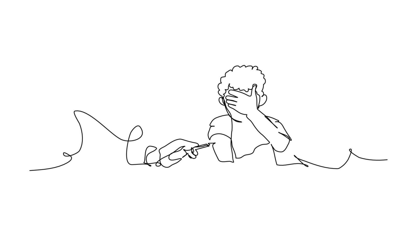 One continuous line a boy who is afraid of injections. Minimalist style illustration in white background. vector