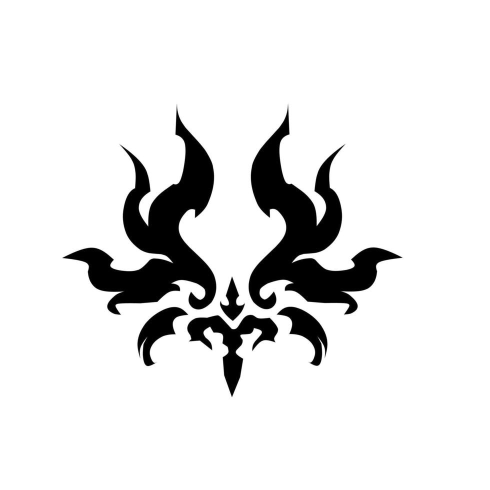Symmetrical black silhouette of flowing, sharp, and flame-like organic tendrils ascending from a central pointed crest, creating an elegant dark ornamental motif. vector