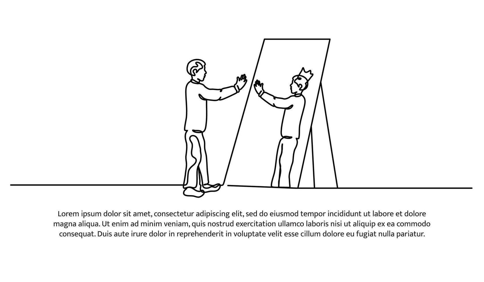 Continuous line design of man standing in front of mirror imagining himself successful. Decorative elements drawn on a white background. vector