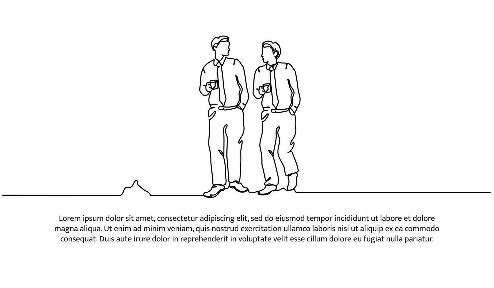 Continuous line design of two young men walking discussing holding coffee cup. Work relaxation design concept. Decorative elements drawn on a white background. vector