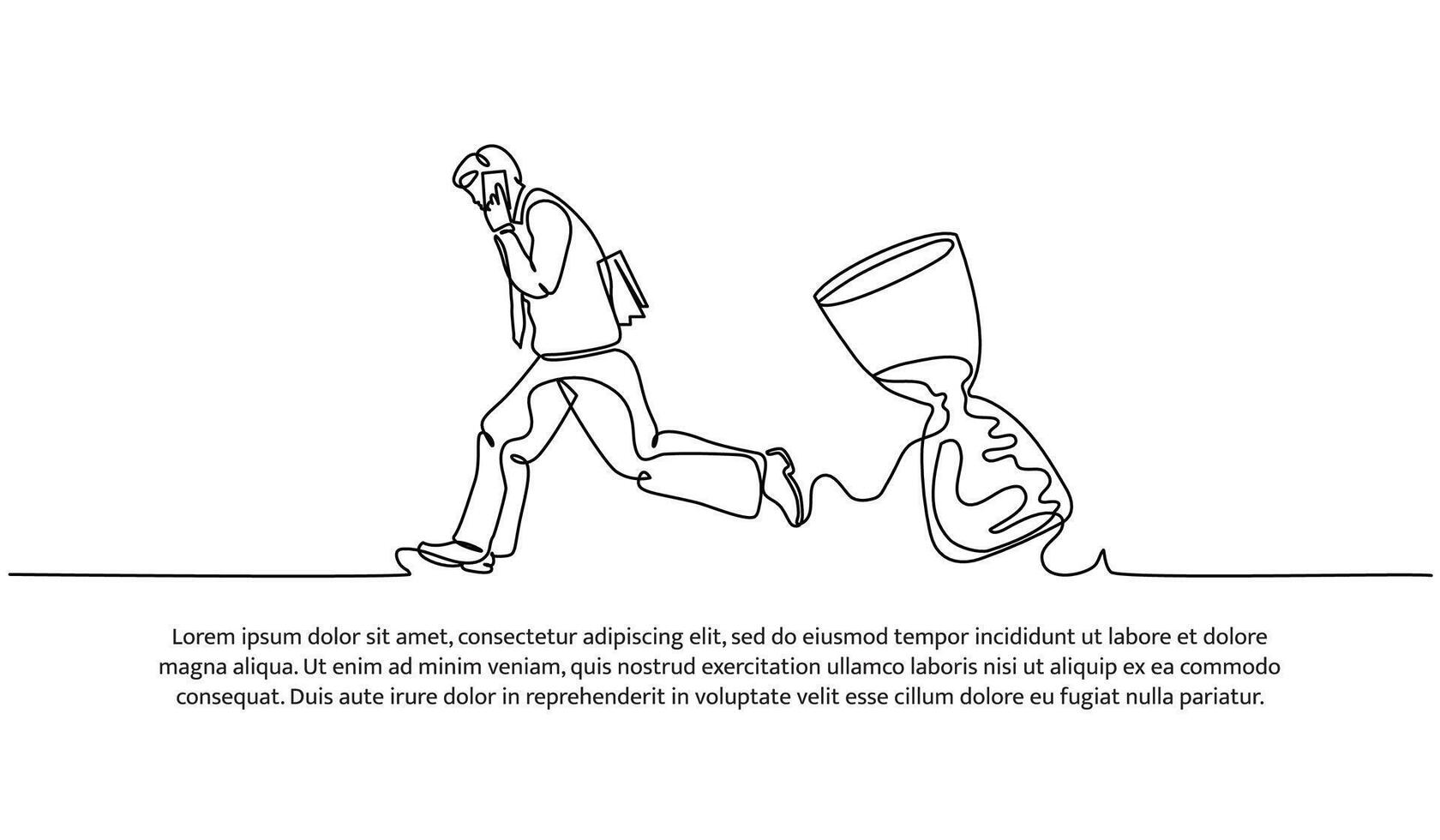 Continuous line design of running worker and hourglass. Late and work deadline design concept. Decorative elements drawn on a white background. vector