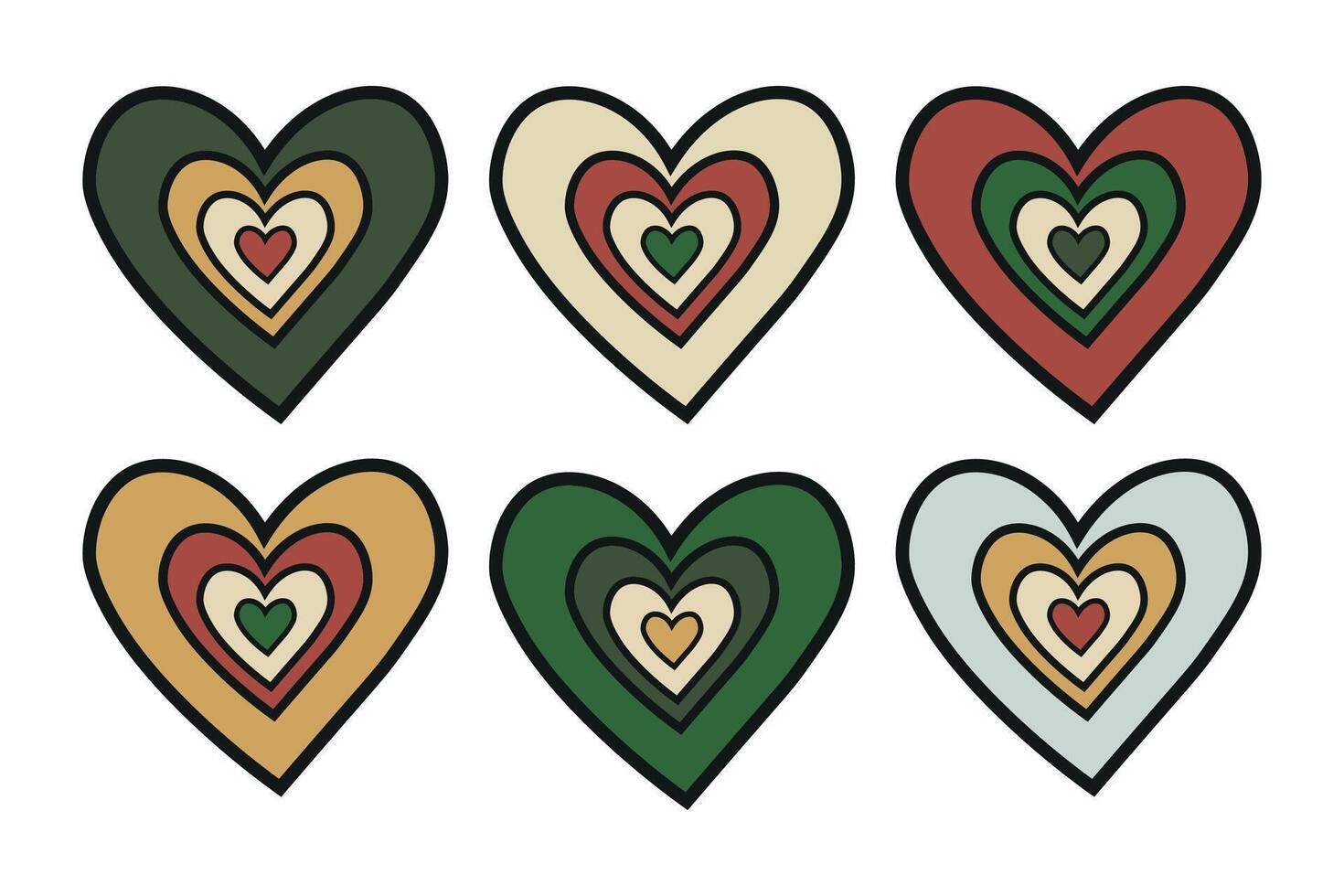 Illustration of retro hearts with concentric layers isolated on white background vector