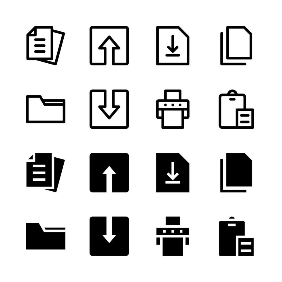 documento y archivo administración línea y sólido icono conjunto para ui y aplicación diseño vector