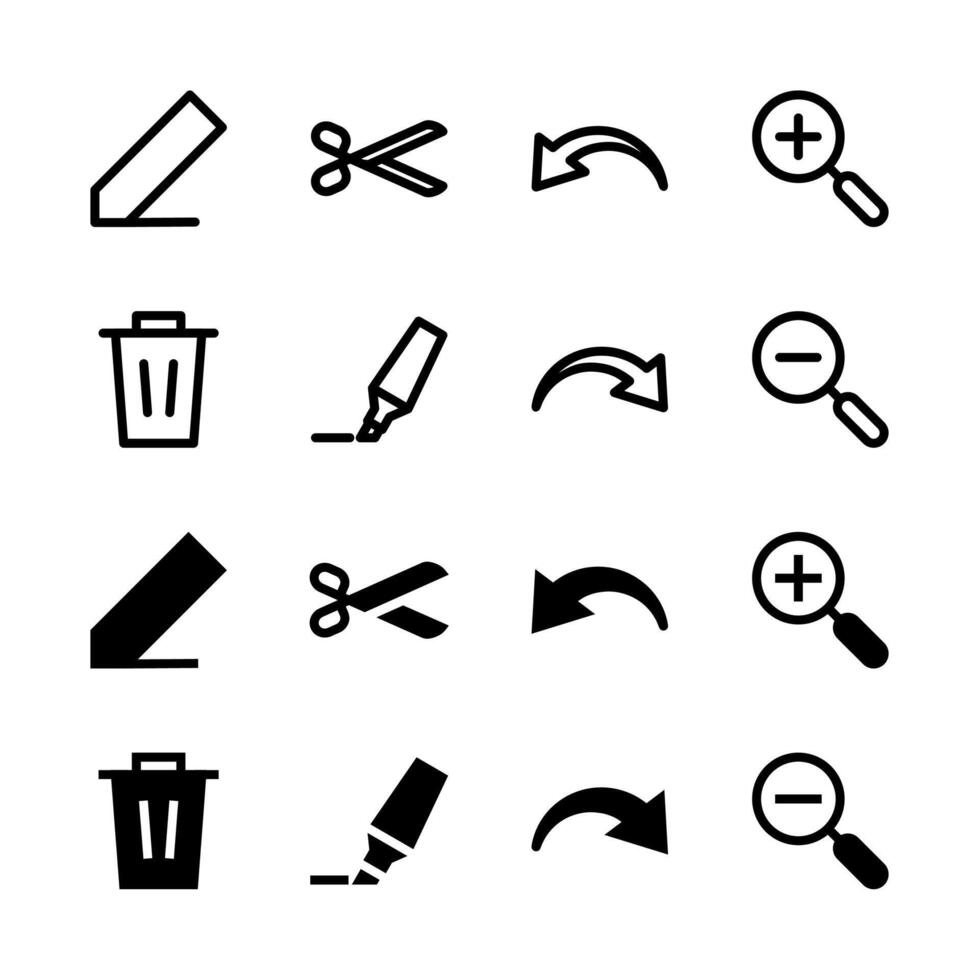 edición herramientas y comportamiento línea y sólido icono conjunto para ui y aplicación diseño vector