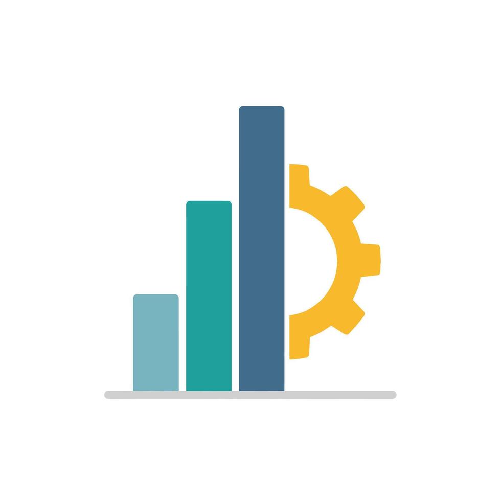Bar chart with a gear icon, symbolizing data analysis, business growth, and operational efficiency vector