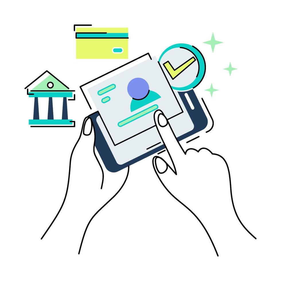 Digital Identity Verification Hands Interacting with Smartphone and Bank Icon. vector