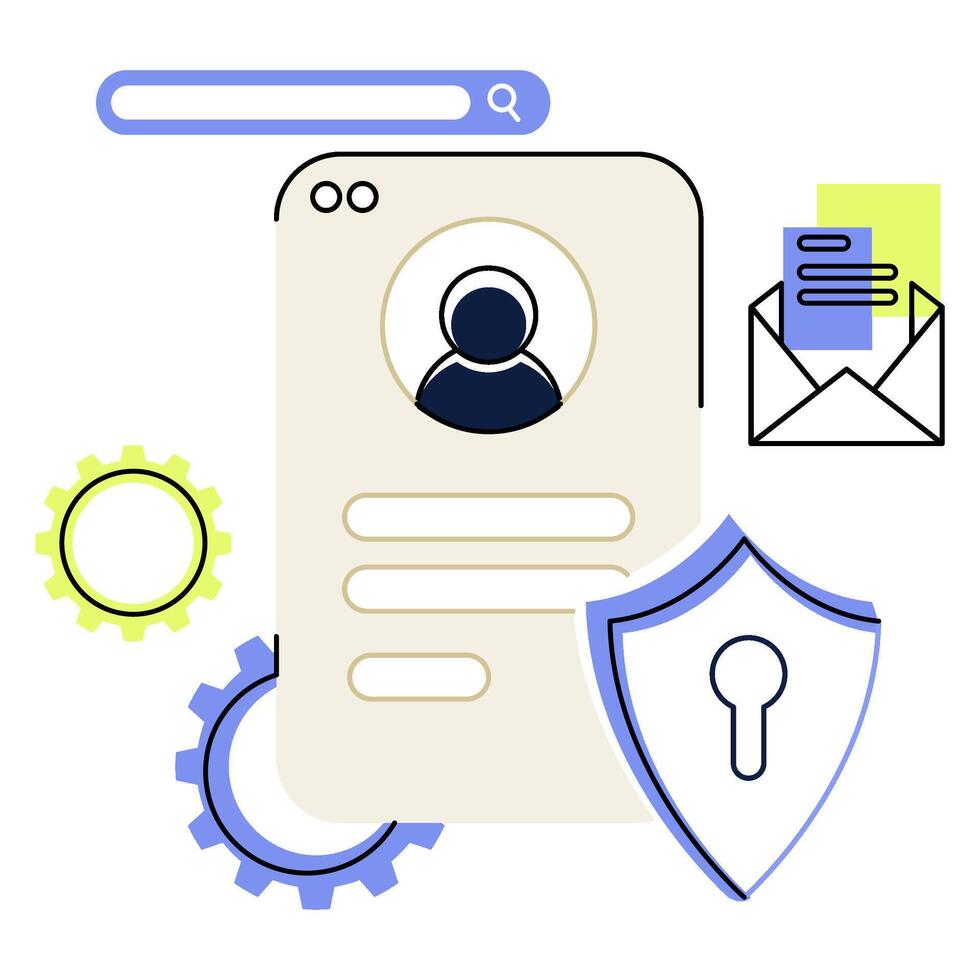 Abstract profile card with search bar, gears, envelope and shield icons vector