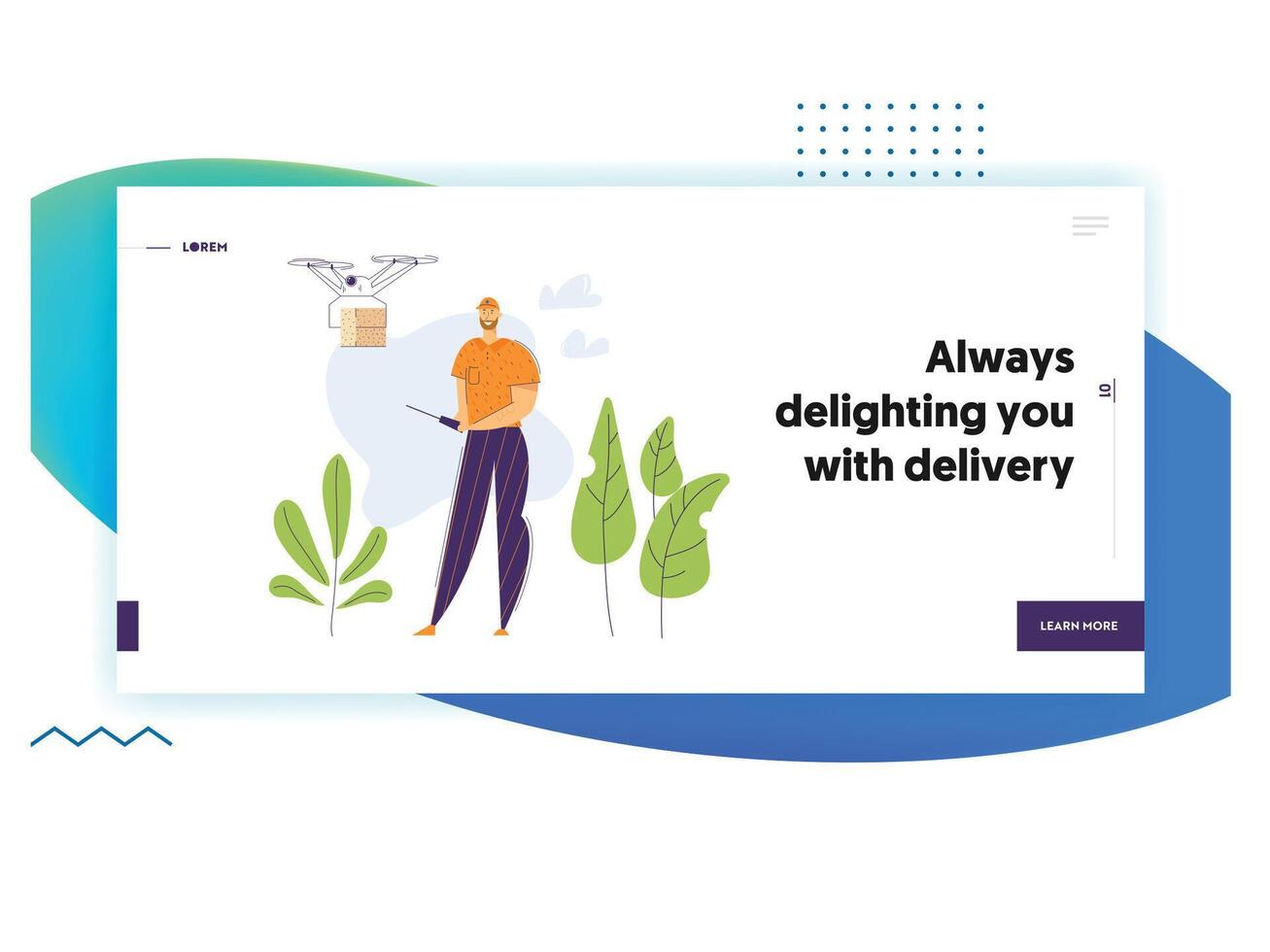 Man Character Flying Drone with Remote Control Landing Page Template. Shipping Delivery Service Flight Technology. Guy Controlling Drone with Package Box Website Banner. flat cartoon illustration vector