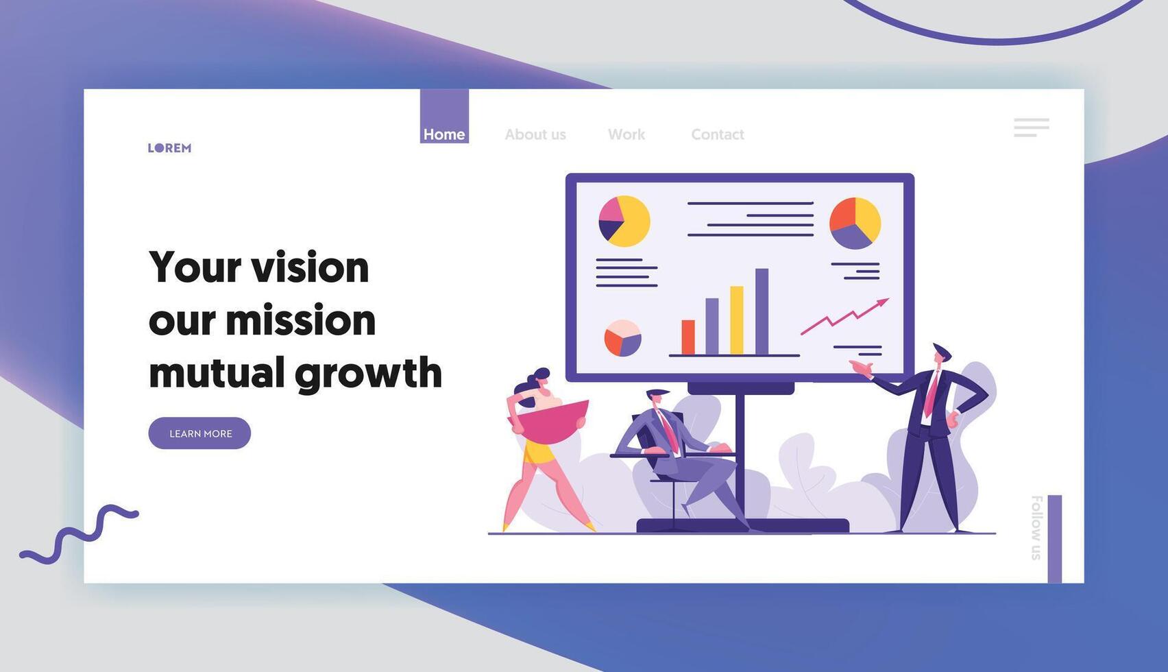 Business People Meeting Concept Banner. Project Presentation, Teamwork, Data Analysis with Man Character Pointing on Financial Graph on Board Landing Page. flat illustration vector