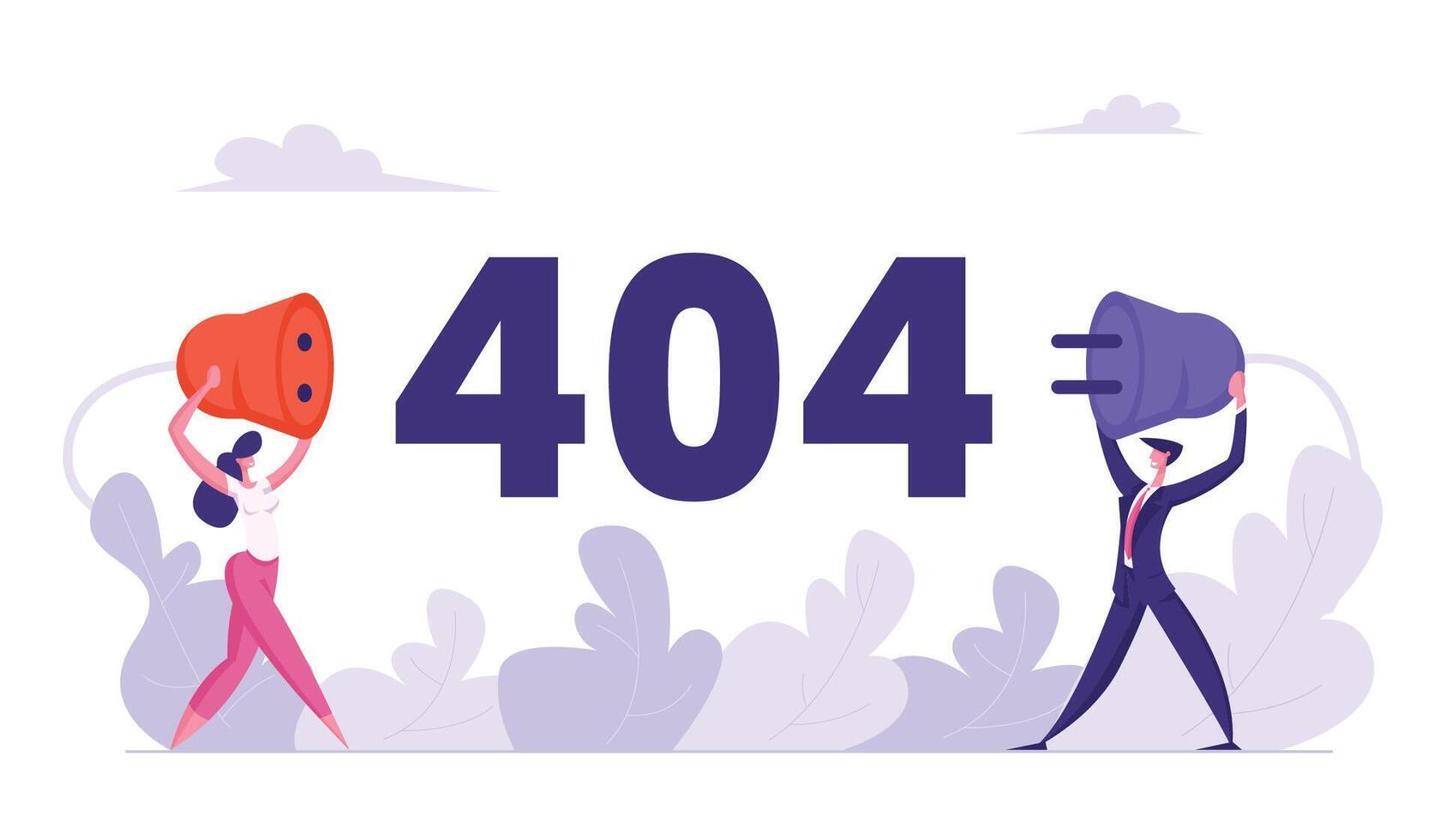 Website Error 404 Page with Business Characters Holding Wire Plug Socket. Page Not Found Template, Broken Internet Connection, Under Construction Concept. flat illustration vector