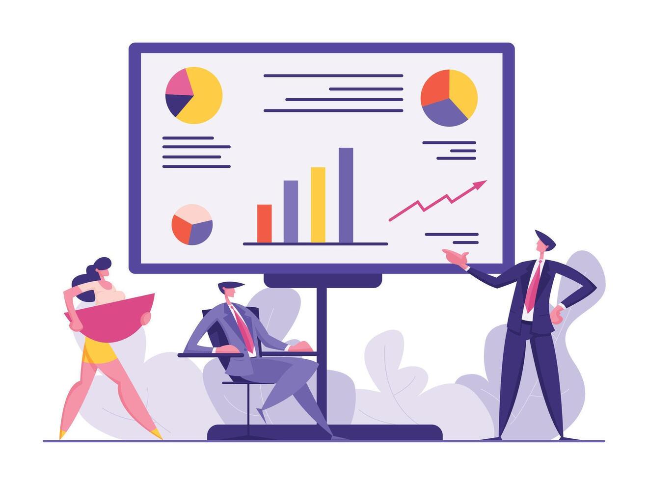 Business People Meeting Concept. Project Presentation, Teamwork, Data Analysis with Man Character Pointing on Financial Graph on Board. flat illustration vector