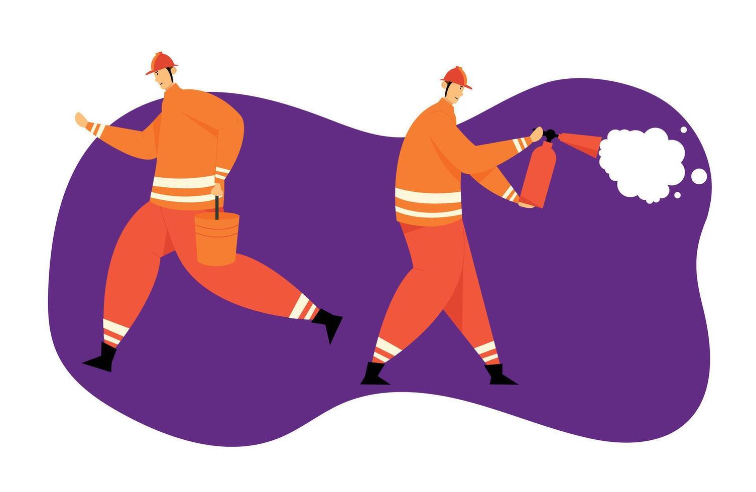 Firefighter Characters with Rescue Equipment. Firefighting Emergency Concept with Fireman in Action. Firefighters in Helmet with Extinguisher and Bucket. flat illustration vector