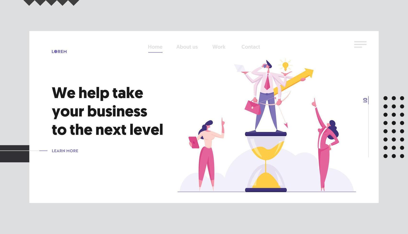 Productive Businessman with Six Hands Doing Several Actions Stand on Hourglass, Time Management Multitasking Efficient Deadline Website Landing Page, Web Page. Cartoon Flat Illustration, Banner vector