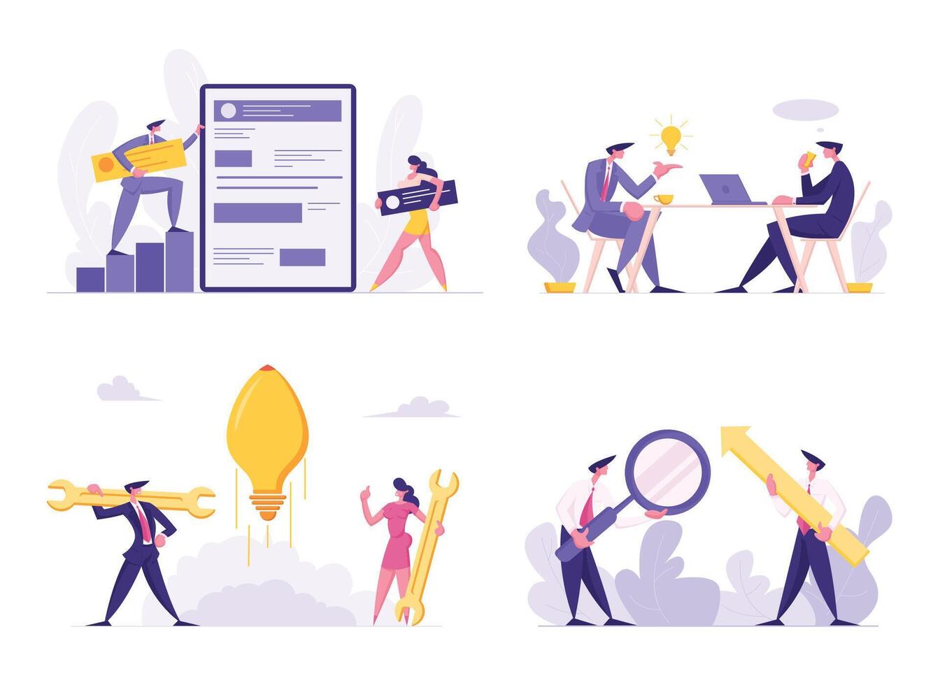 Web Software Development, Business Meeting, Start Up Idea, Data Analysing Concept Set. Developer Characters Build Website with Social Media, Light Bulb Rocket Launch, Cartoon Flat Illustration vector