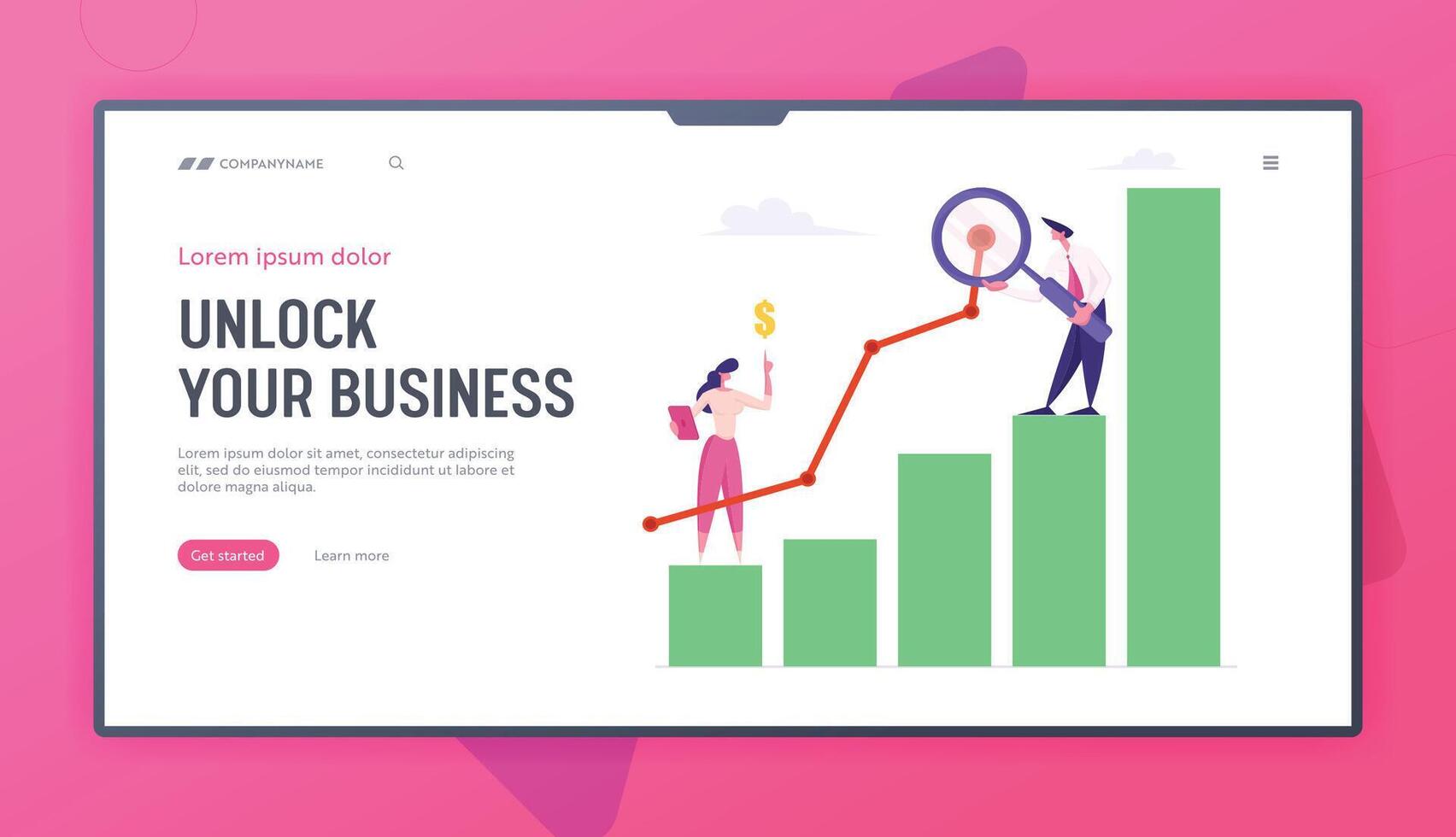 Business Man with Magnifying Glass and Woman Marketing Solution Development. Working on Growth Data Analysis Arrow Graph, Website Landing Page Set, Web Page. Cartoon Flat Illustration, Banner vector