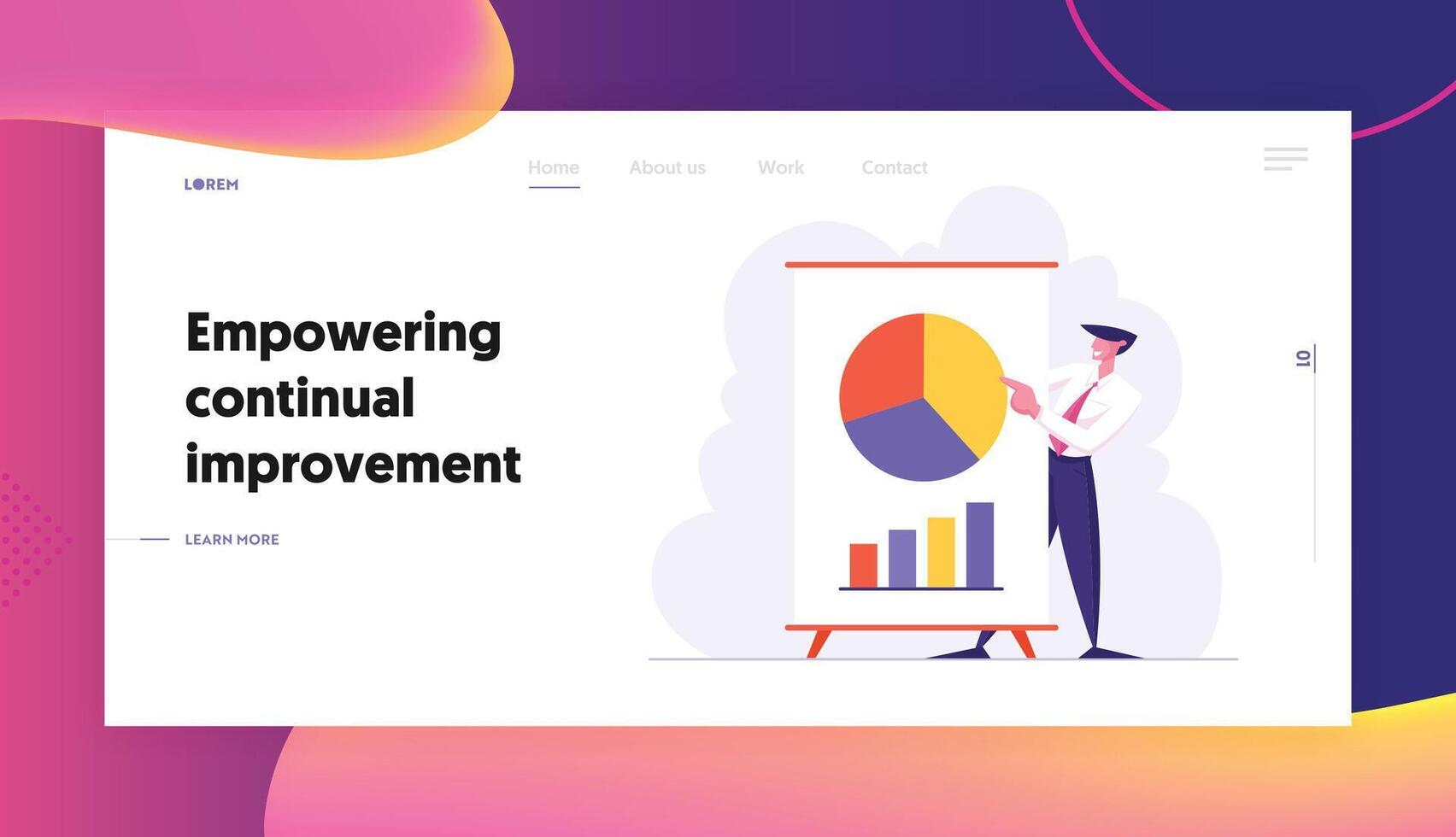 Business Meeting, Project Presentation, Male Character Point on Financial Pie Graph on Flip Board, Data Analysis Statistics Website Landing Page Set, Web Page. Cartoon Flat Illustration, Banner vector