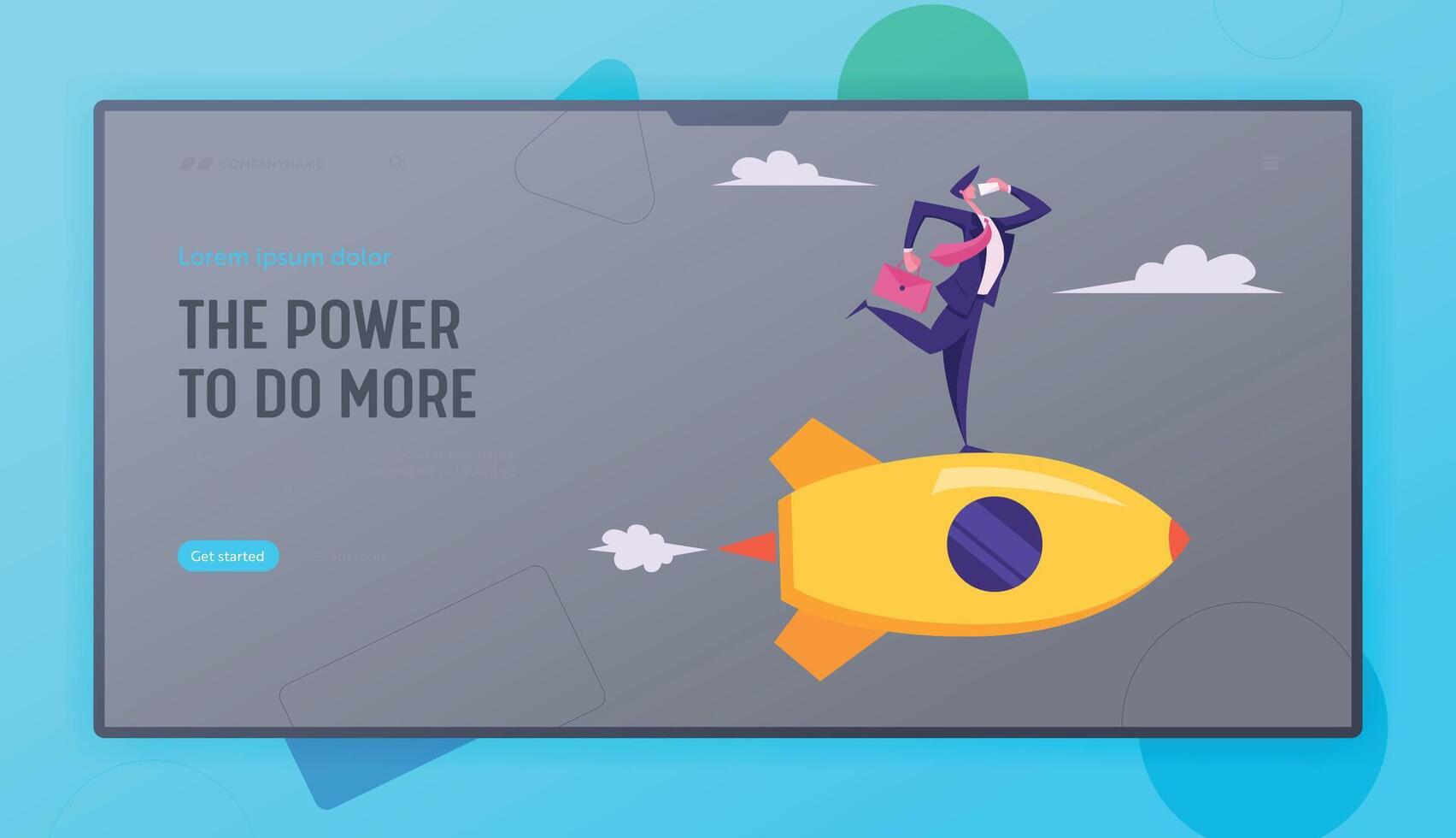 Creative Business Innovation Startup. Business Man Character with Briefcase in Hand Speaking Smartphone Flying on Rocket to Aim Website Landing Page, Web Page. Cartoon Flat Illustration, Banner vector