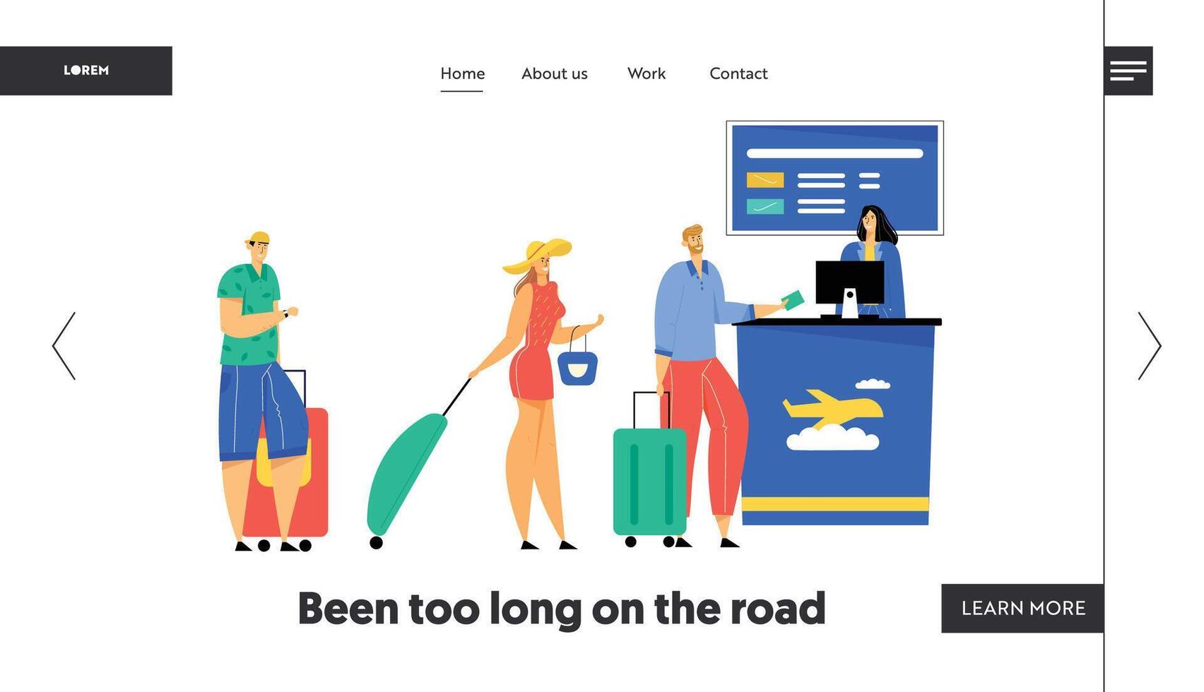 Passengers with Luggage Stand in Queue Preparing Documents for Flight Registration in Airport, Check in Boarding, Friendly Staff Website Landing Page, Web Page. Cartoon Flat Illustration Banner vector