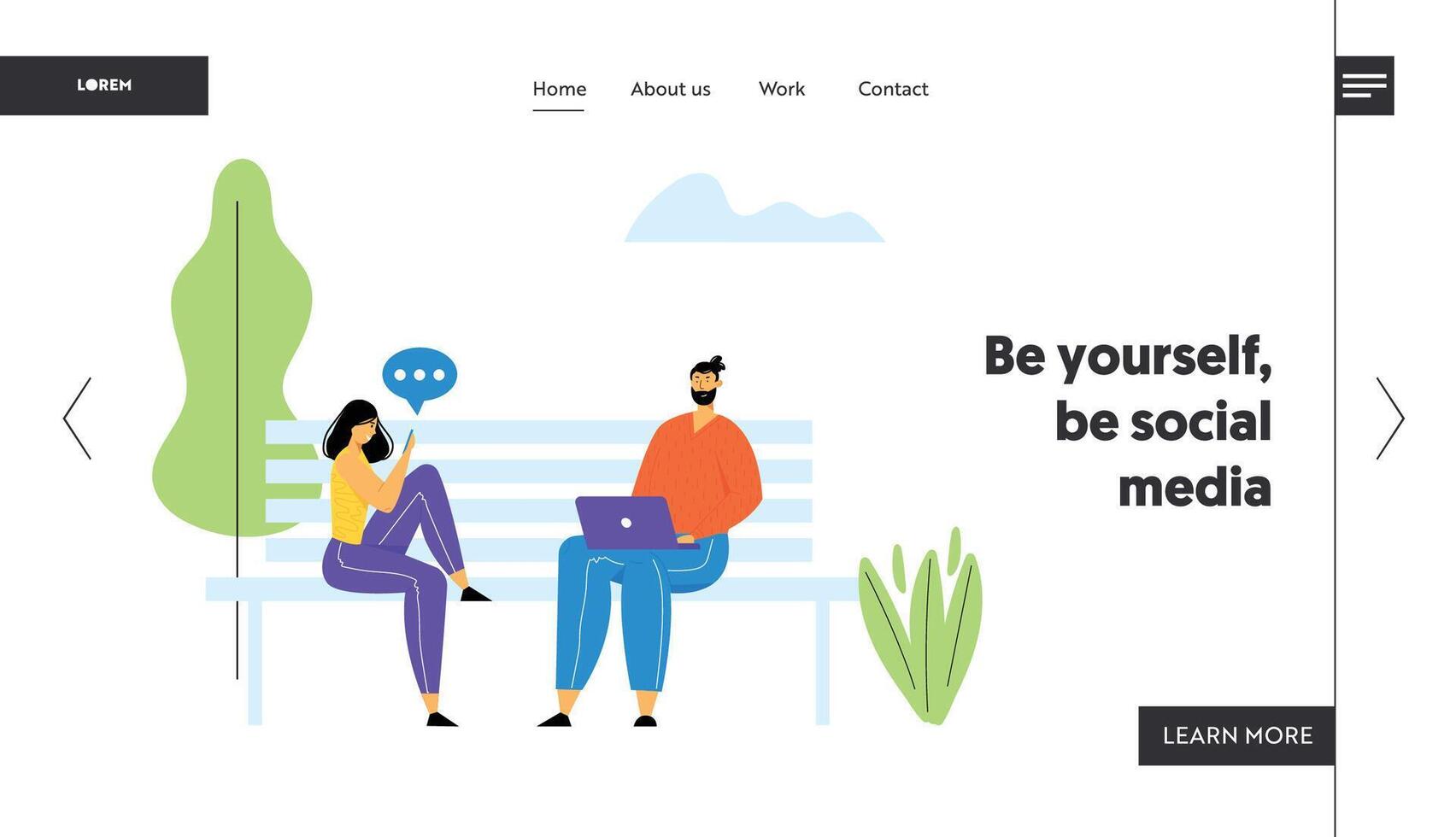 Man and Woman Sitting on Bench in Park with Laptop and Smartphone and Communicating Online in Internet. Social Media Networking Website Landing Page, Web Page. Cartoon Flat Illustration, Banner vector