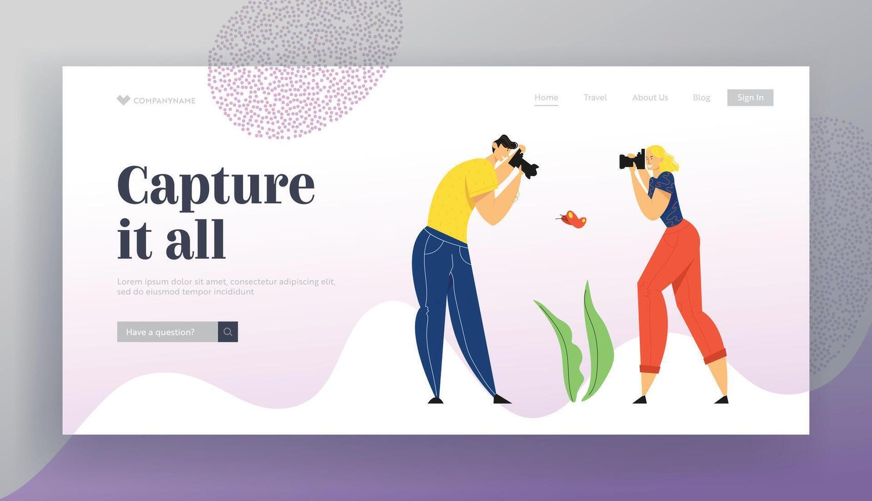 Man and Woman Photographers with Photo Camera Making Picture of Butterfly. Creative Hobby, Traveling Characters Rest on Nature, Website Landing Page, Web Page. Cartoon Flat Illustration, Banner vector