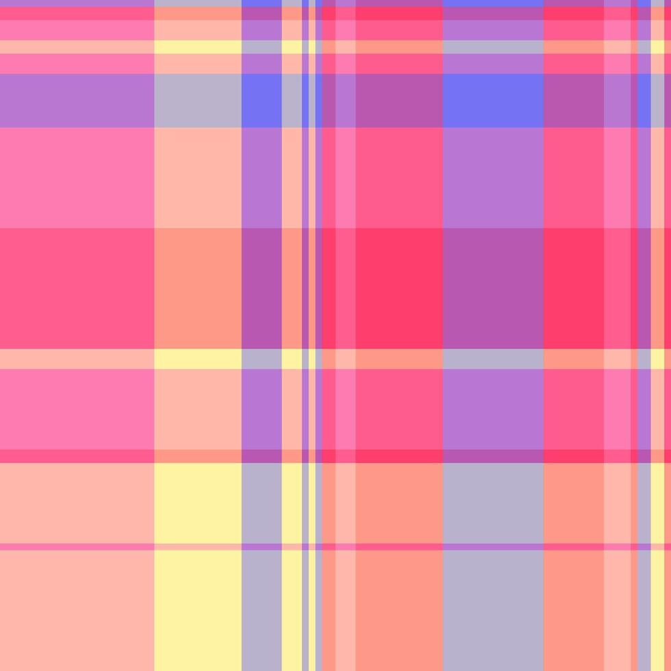 Vibrant, colorful plaid background with intersecting lines in shades of pink, purple, and yellow. Suitable for backgrounds, textiles, design, and creative projects. vector