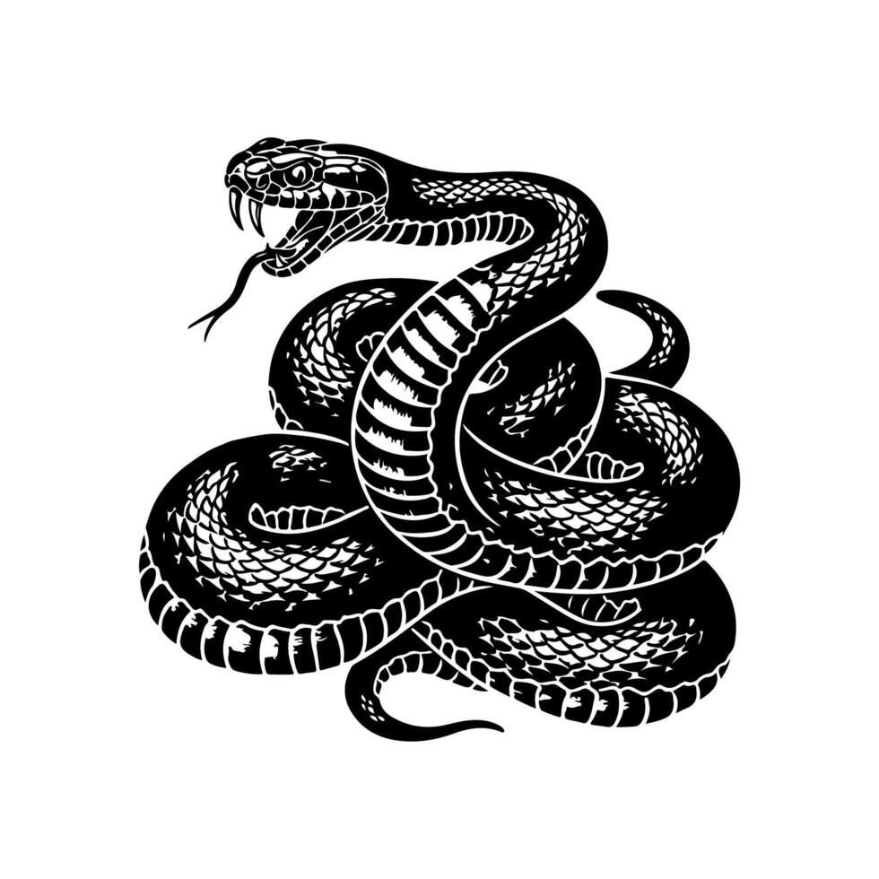 Black and white illustration of a coiled snake with open mouth and forked tongue vector