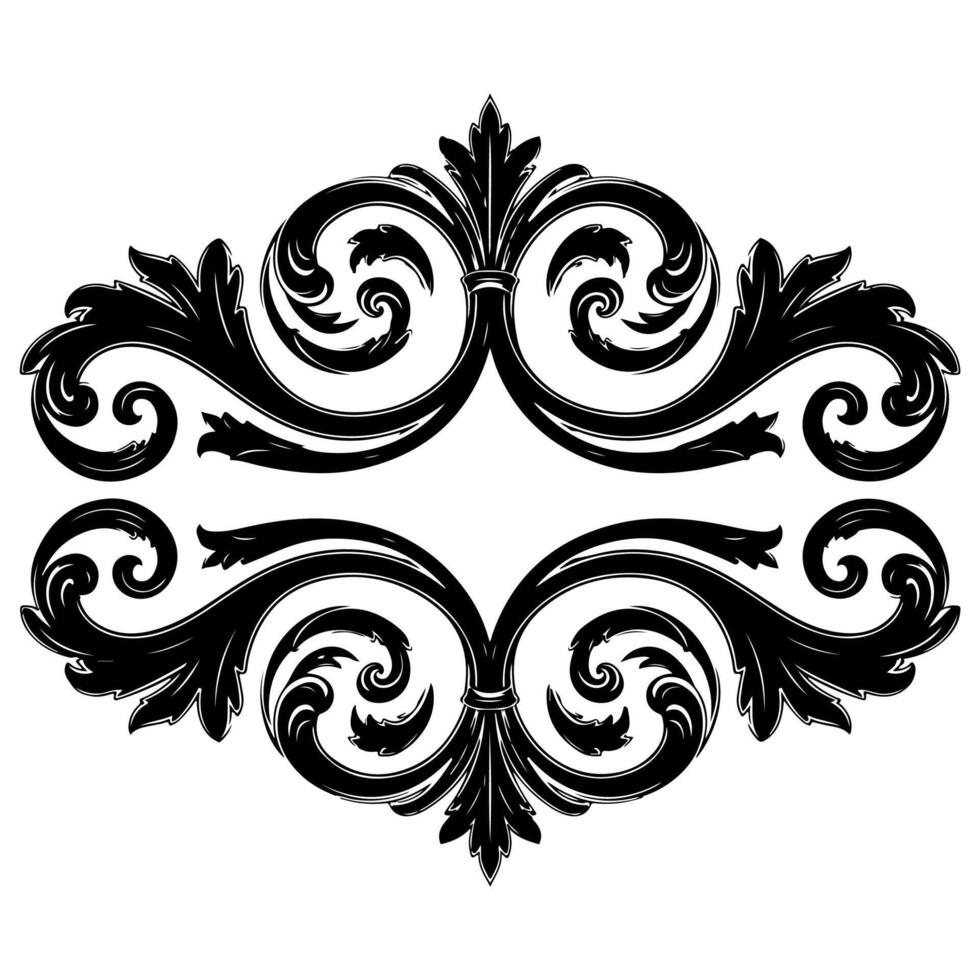 A symmetrical black and white scrollwork design with leaves and curling elements vector