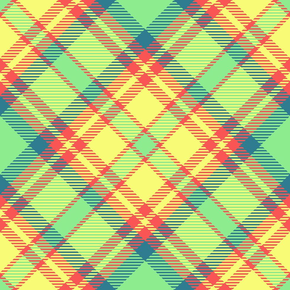Vibrant plaid pattern with intersecting lines in green, yellow, red and blue. Classic textile design ideal for backgrounds, apparel, and creative projects. vector