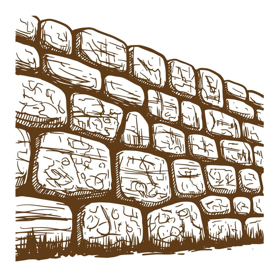 A detailed sketch of an ancient stone wall showing textured rustic brickwork vector