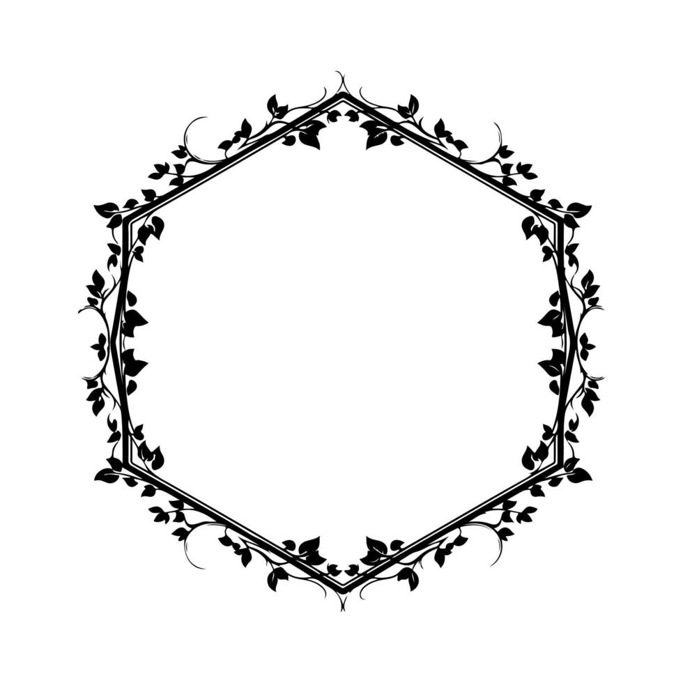 hexagonal marco con frondoso vides en negro en un blanco antecedentes vector