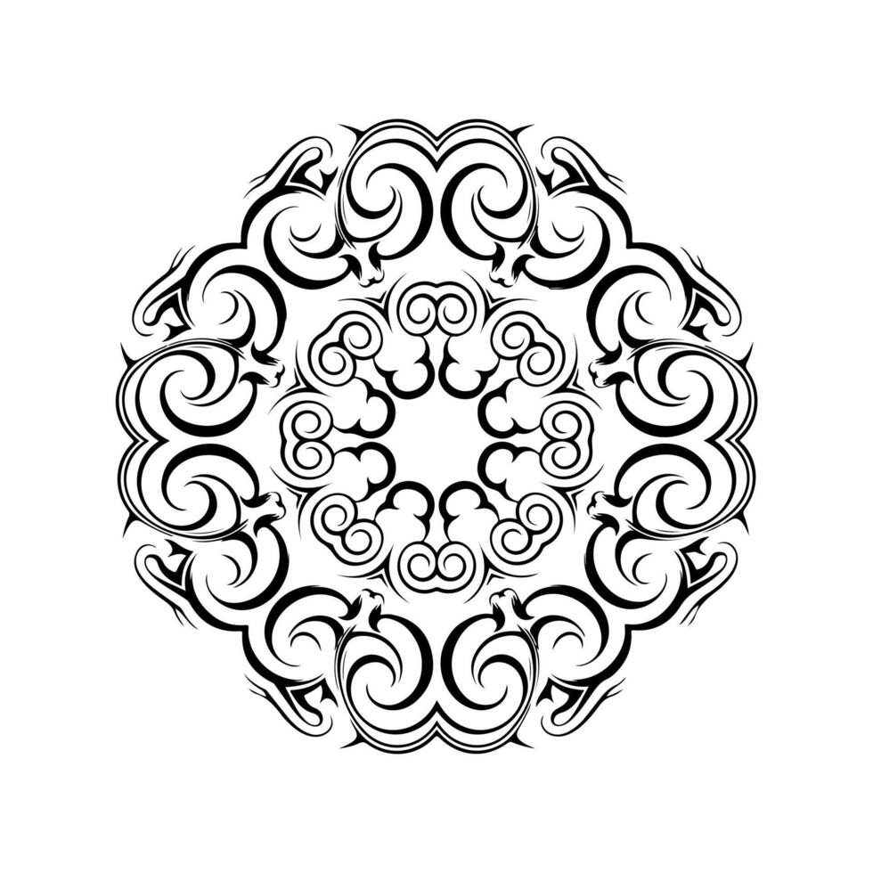 Symmetrical black and white circular design with intricate swirling patterns vector