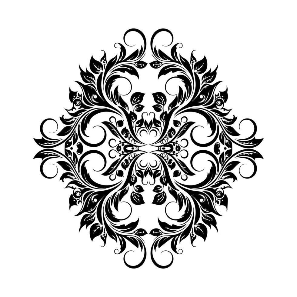 Symmetrical floral design in black. The shape has leaves and curls arranged around a center vector
