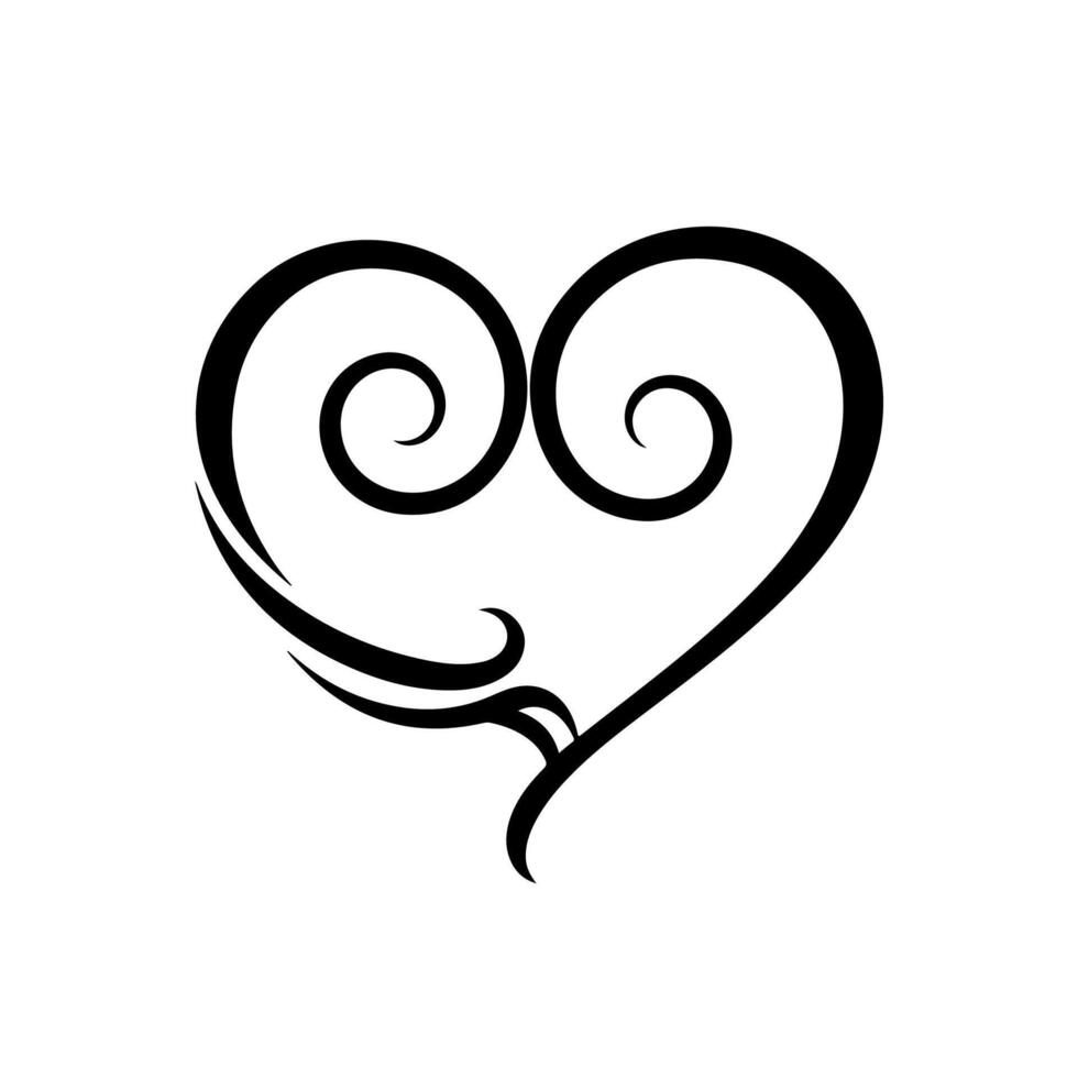 A black, stylized heart shape, featuring swooping lines and curls, set against a white backdrop vector