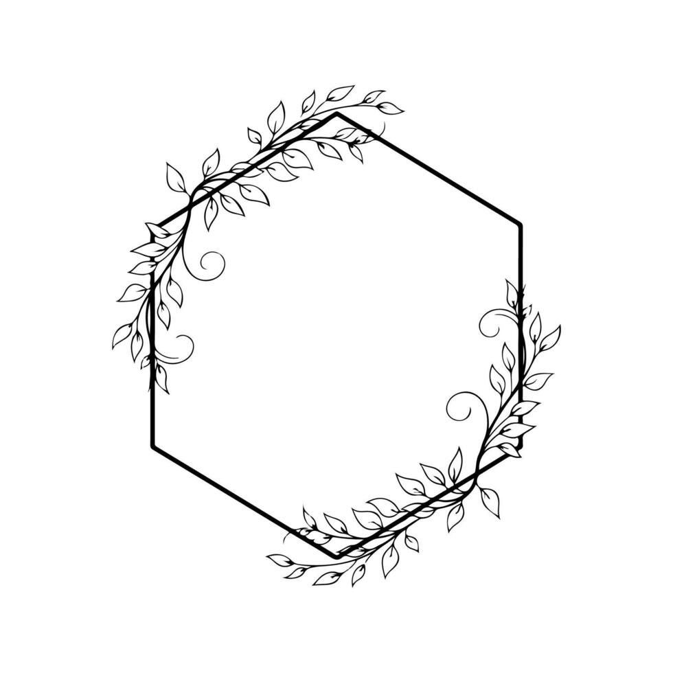 Black hexagon frame with vine-like leaves and swirls. White background, simple and elegant vector