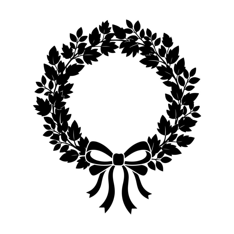 A circular wreath design with leaves, branches, and a bow on a white background vector