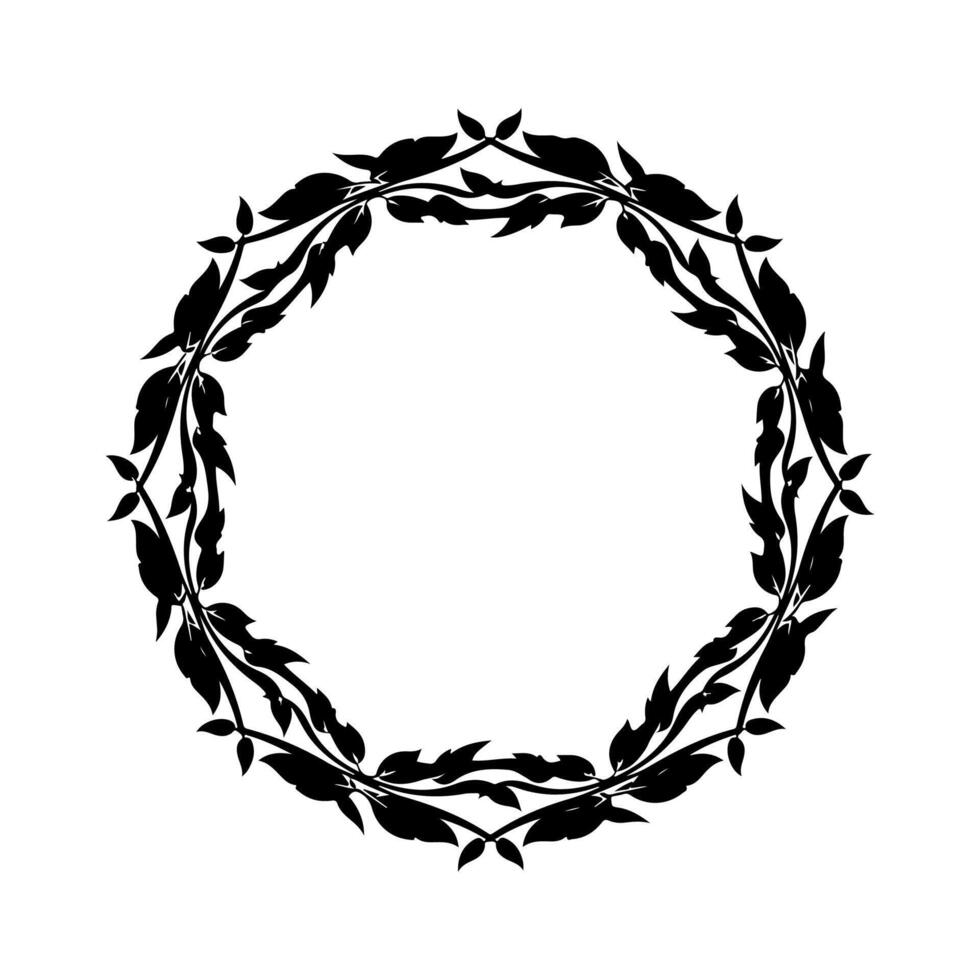Black and white circular design made of stylized leaves and branches, creating a frame vector