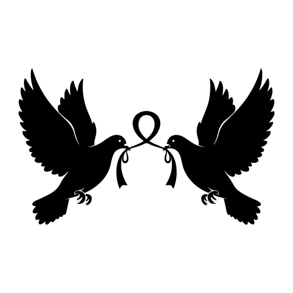 Silhouette of two doves in flight, each holding a ribbon that creates a loop vector