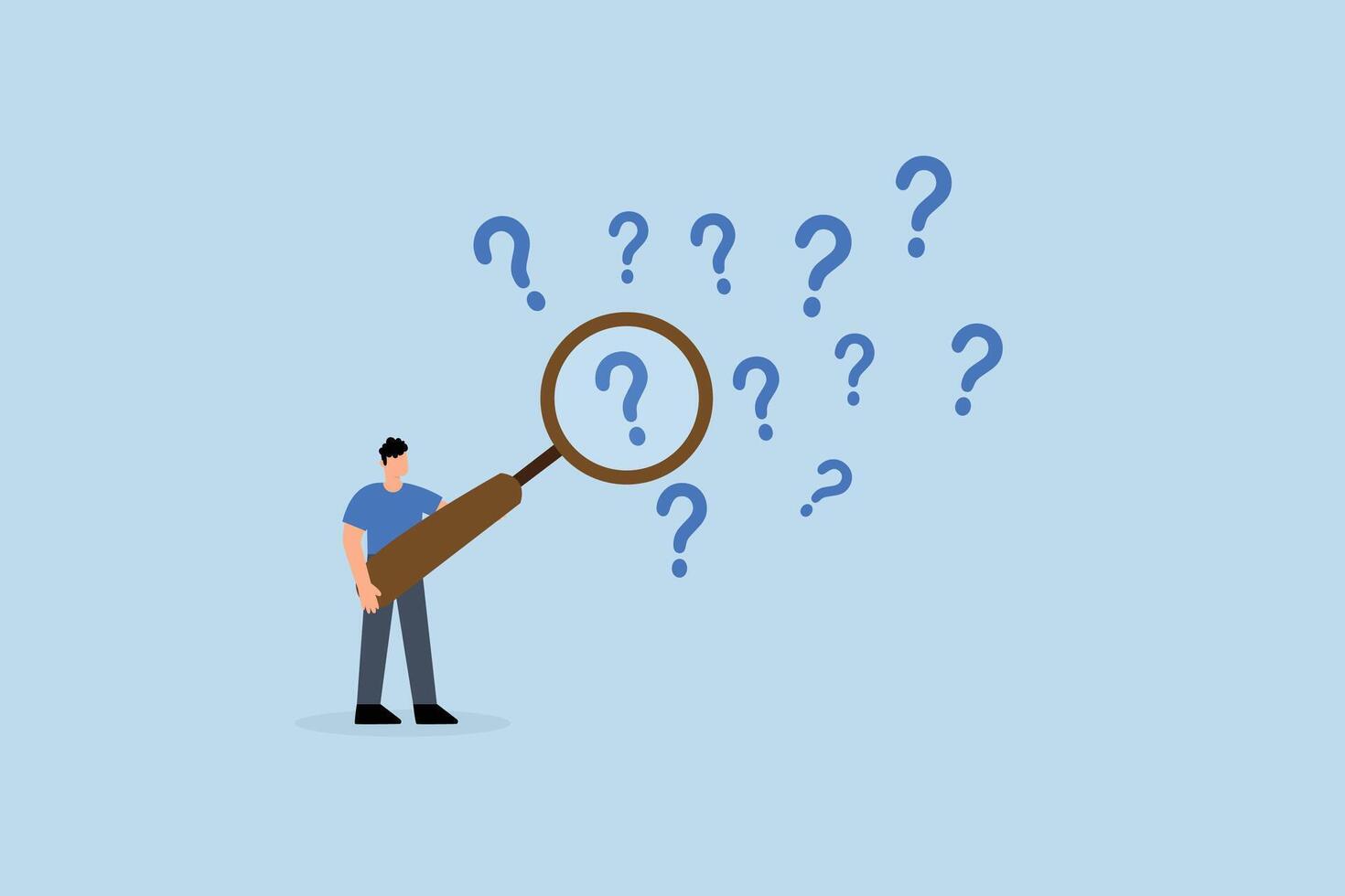 Problem analysis, businessman with magnifying glass analyze question marks vector