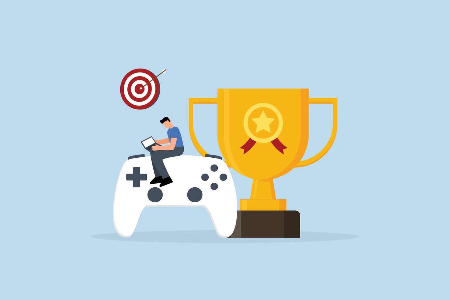 Gamification, man with computer laptop on game joystick with trophy award vector